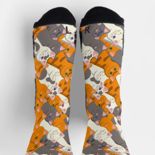Chaussette Motif en diagonale du chat noir blanc gingembre