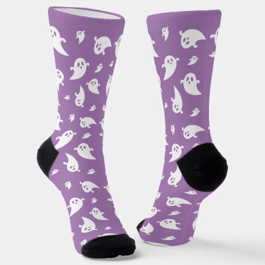 Chaussette Motif Fantôme blanc sur Halloween mauve mûre (Angulaire)