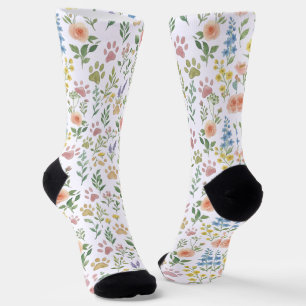 Chaussette Motif Fleurs et Empreintes de Patte à l'Aquarelle 