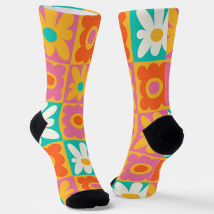 Chaussette Motif floral à carreaux groovy rétro des années 70