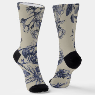 Chaussette Motif Floral Botanique Toile Bleue Vintage Antique