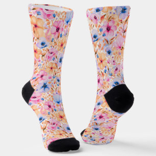 Chaussette Motif floral de fleurs sauvages aquarelles colorée