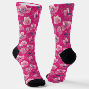 Chaussette Motif floral vibrant en rose, blanc et bleu royal