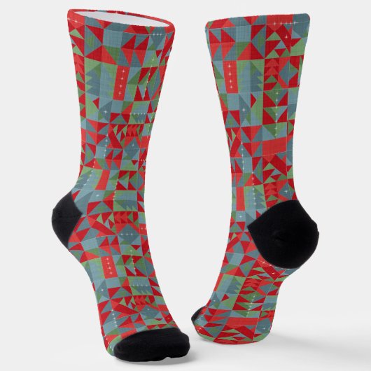 Chaussette Motif géométrique rouge, gris, vert. (Angulaire)