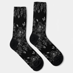 Chaussette Motif minimaliste de la nature florale noire et bl