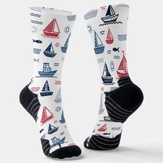 Chaussette Motif nautique avec voiliers et poissons