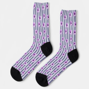 Chaussette motif rayé avec marguerites violettes