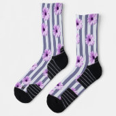 Chaussette motif rayé avec marguerites violettes (Gauche)