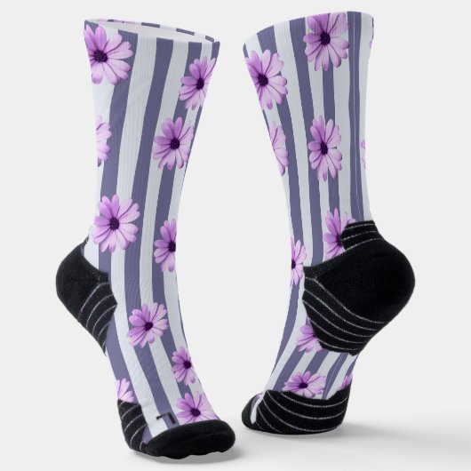 Chaussette motif rayé avec marguerites violettes (Angulaire)