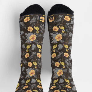 Chaussette motif sans couture Flamant rose avec fleurs et feu