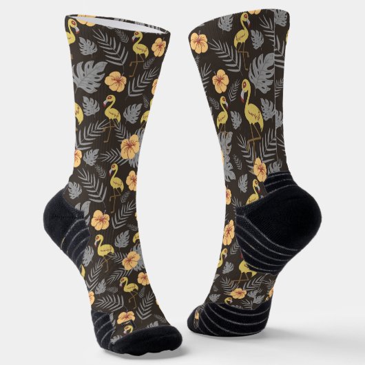 Chaussette motif sans couture Flamant rose avec fleurs et feu (Angulaire)