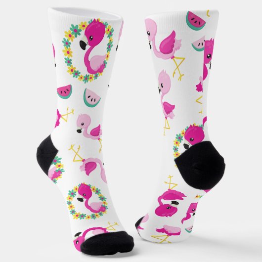 Chaussette Motif tropical, Flamants roses, pastèques, Fleurs (Angulaire)