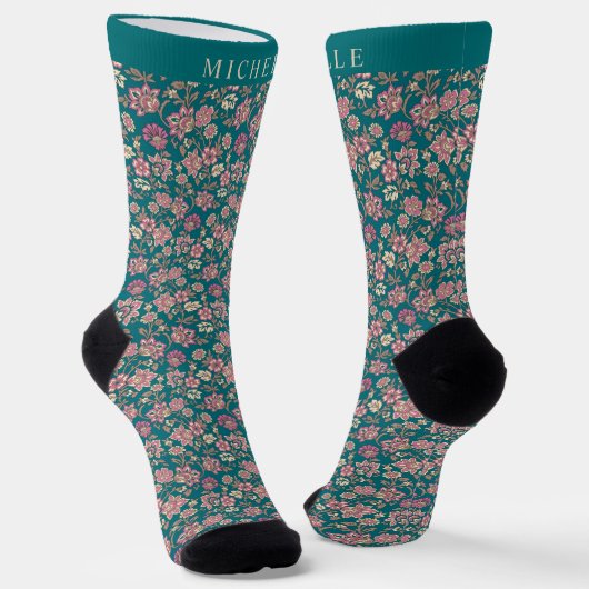 Chaussette Motif Turquoise vert Floral Fleurs roses (Angulaire)