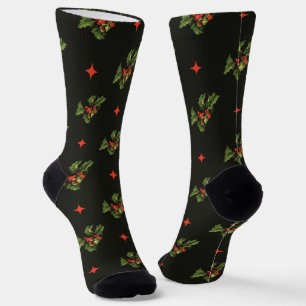 Chaussette Motif vintage de feuilles de houx et d'étoiles de 