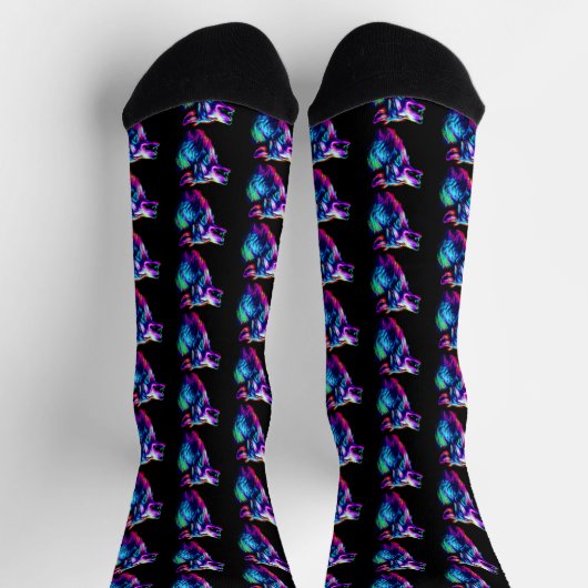 Chaussette Neon Glow Wolf Head sur noir (Haut)