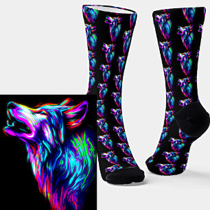 Chaussette Neon Glow Wolf Head sur noir
