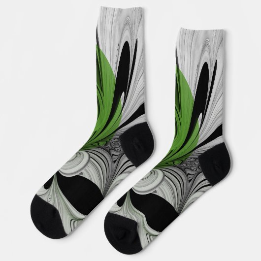 Chaussette Noir Abstrait et blanc avec art fractal vert (Gauche)
