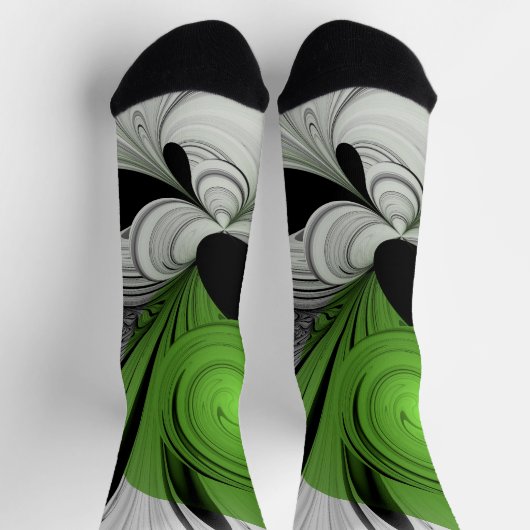 Chaussette Noir Abstrait et blanc avec art fractal vert (Haut)