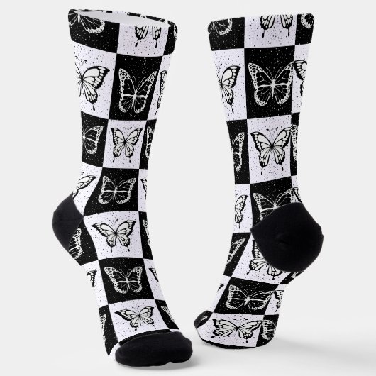 Chaussette Noir blanc À damiers conception papillon (Angulaire)