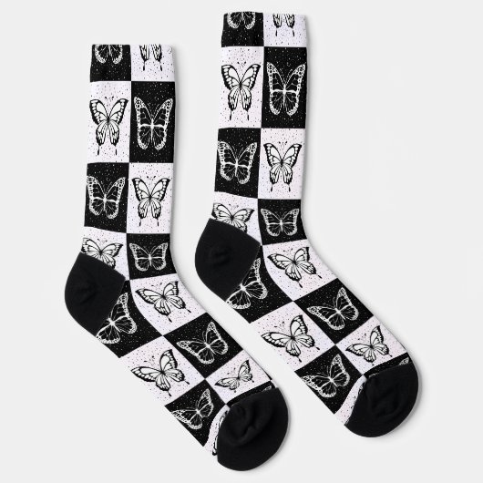 Chaussette Noir blanc À damiers conception papillon (Droite)