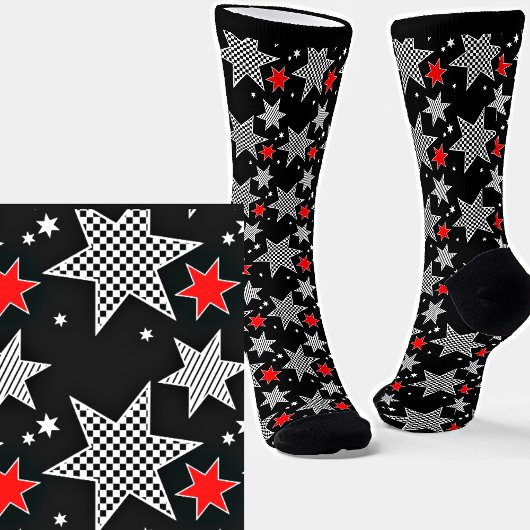 Chaussette Noir blanc coché rayé et étoiles rouges sur noir