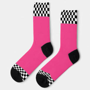 Chaussette Noir + Blanc uni à carreaux rose chaud