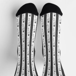Chaussette Noir et blanc gris vintage rayé avec des roses