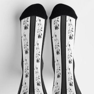 Chaussette Noir et blanc gris vintage rayé avec des roses 