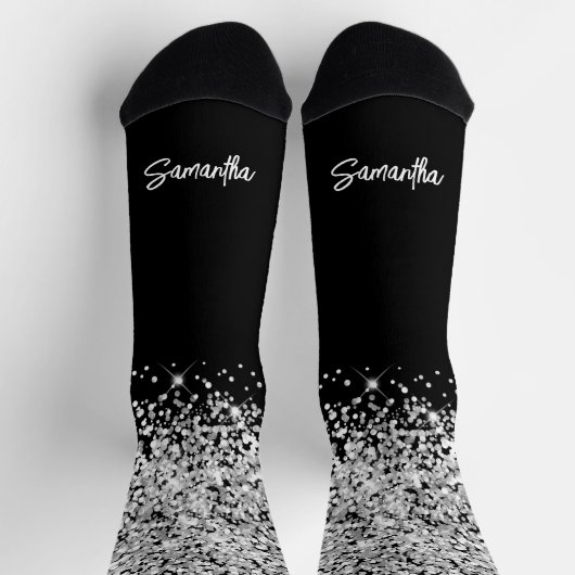 Chaussette Nom de script de pinceau Glittery Silver Black Gla (Haut)