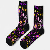 Chaussette Nom fleur motif rose violet jaune noir (Gauche)