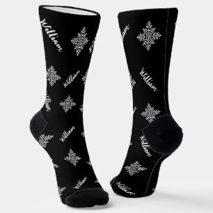 Chaussette Nom personnalisé avec Snowflakes Motif noir et bla