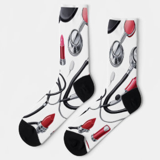 Chaussette Nurse Glam – Stethoscope & Lipstick Pattern