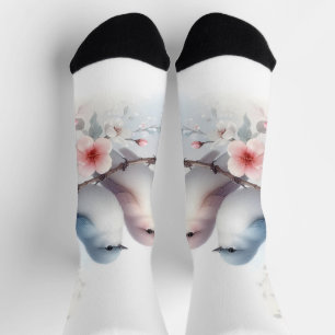 Chaussette Oiseaux de l'amour romantique Branche de fleurs de