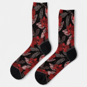 Chaussette Orchidées rouges sur fond noir. (Gauche)