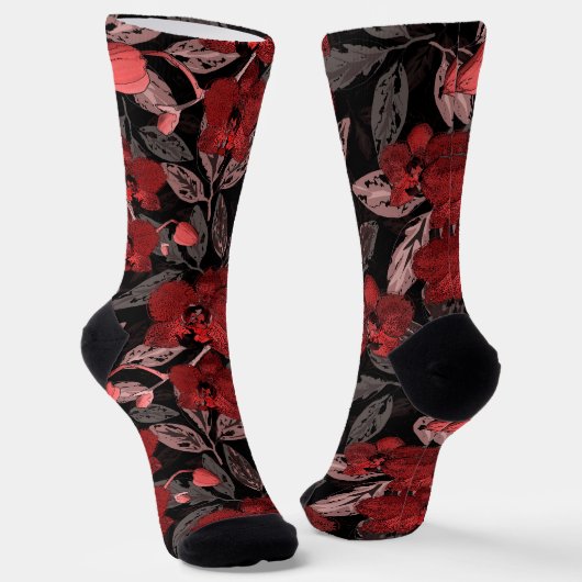 Chaussette Orchidées rouges sur fond noir. (Angulaire)