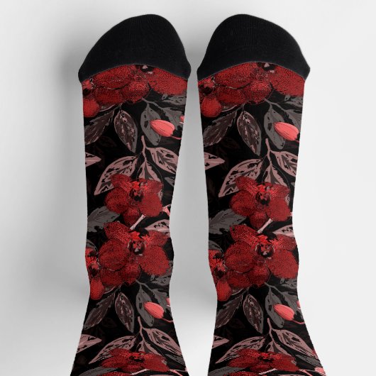 Chaussette Orchidées rouges sur noir. (Haut)