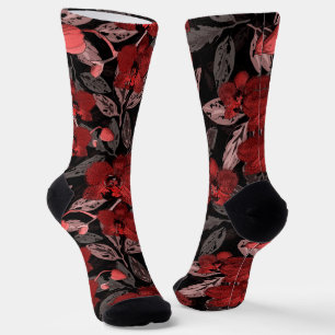 Chaussette Orchidées rouges sur noir.