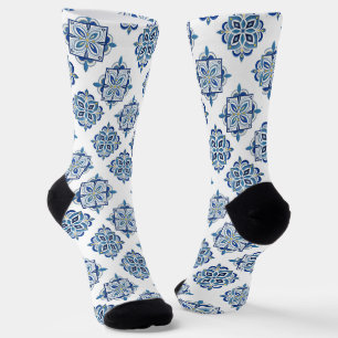 Chaussette Ornement brodé bleu sur blanc