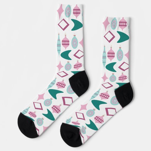 Chaussette Ornements de Noël rétro rose et turquoise (Gauche)