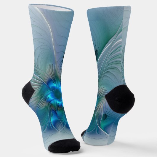 Chaussette Ovations debout, fractale bleue turquoise abstrait (Angulaire)