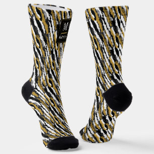 Chaussette Paillettes noires et or motif animal zèbre blanc