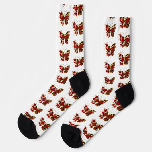 Chaussette Papillon de fleurs rouges aux roses rouges (Gauche)