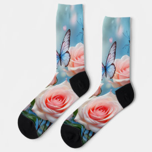 Chaussette Papillon Sur Fleur Rose