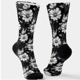 Chaussette Papillon sur Motif à fleurs - Noir