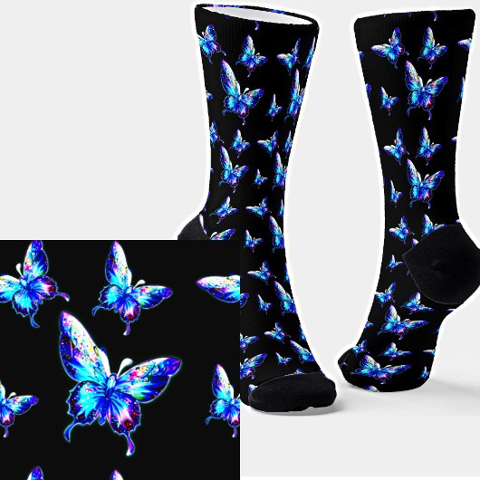Chaussette Papillons bleus Iridescente sur le noir