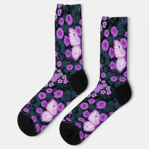 Chaussette Papillons et symétrie des fleurs, violet et bleu