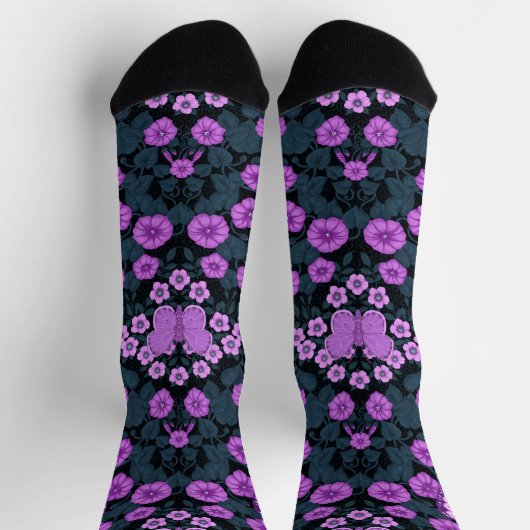 Chaussette Papillons et symétrie des fleurs, violet et bleu (Haut)
