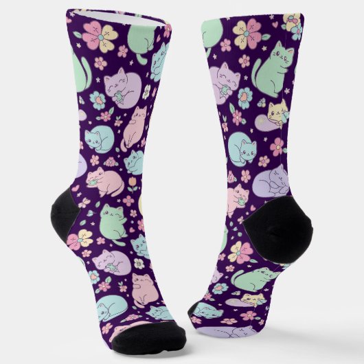 Chaussette Pastel Kawaii Cats and Spring Flowers Pattern (Angulaire)