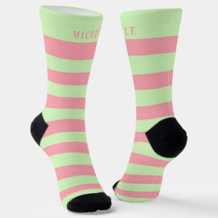 Chaussette Pastel Vert Rose rayé Pour Nom Personnalisé