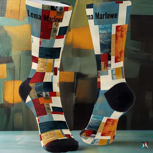 Chaussette Patchwork Abstrait en Gras bleu et rouge personnal